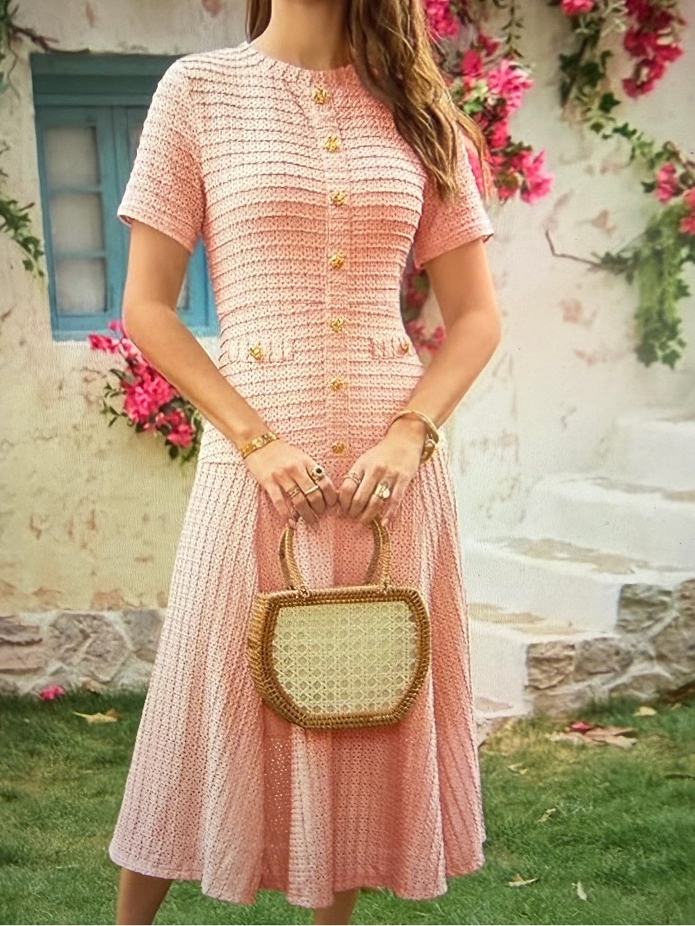 Elegant Long Knit A Line Dress with Sort Sleeves and Gold Buttons -NWT- Size X
